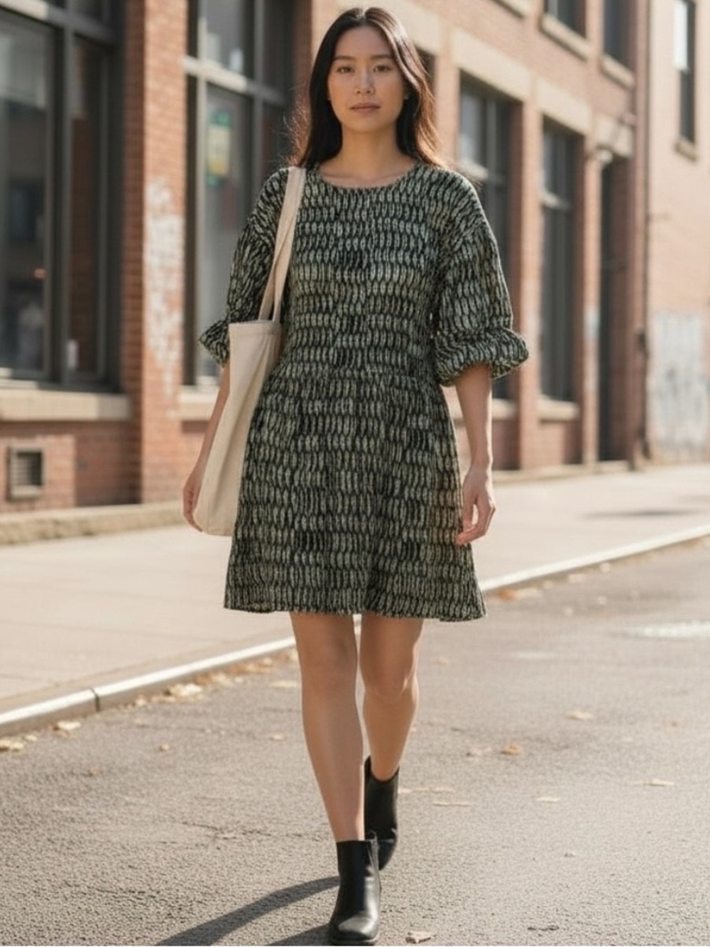 Marie Oliver Puff Sleeve Dress Sz L Green Botanical Tiered Boho Casual Feminine